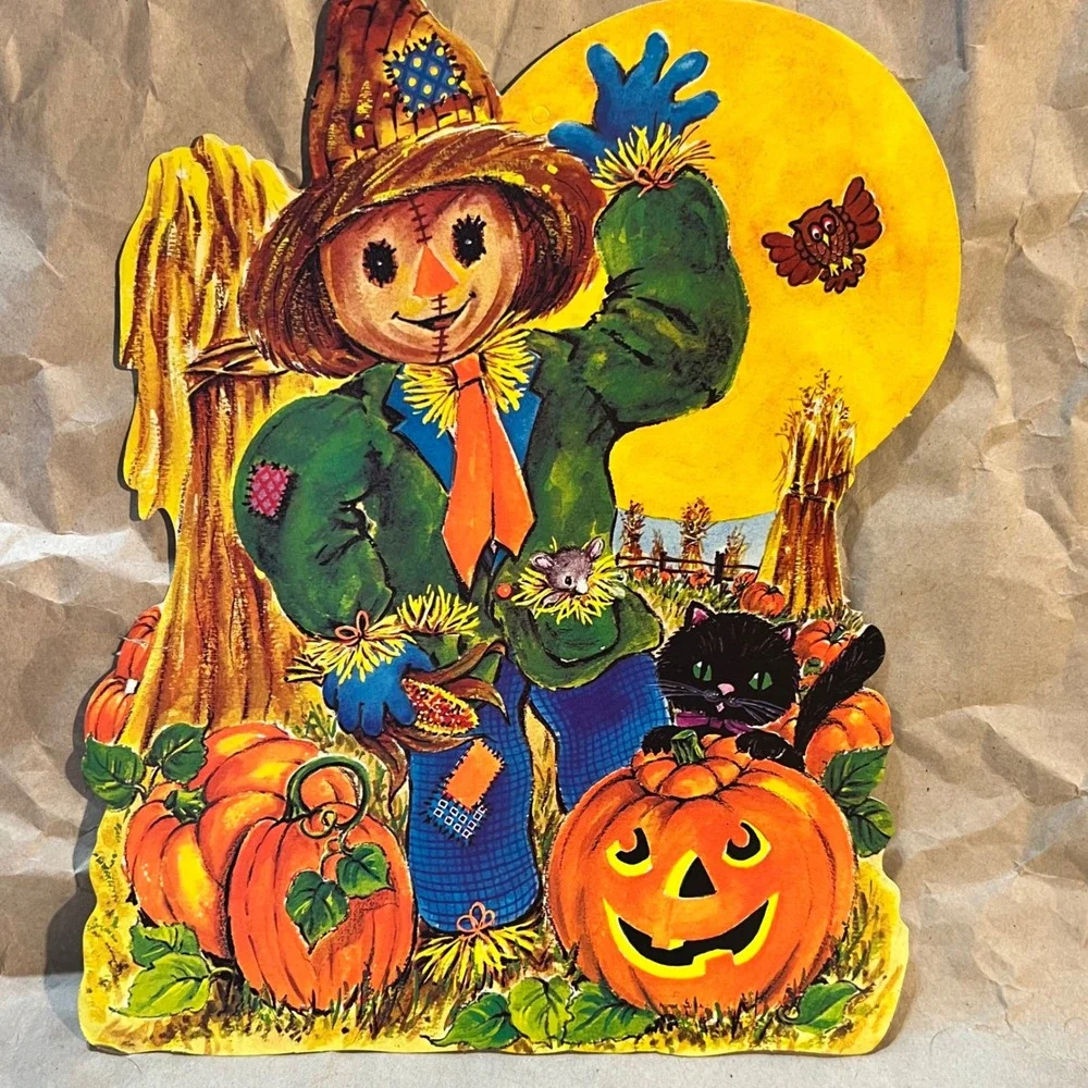 Vintage Halloween Die Cut Decorations Scarecrow Pumpkin Cat Orange Fall Lot 2pc